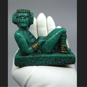 Vintage figurine of Aztec warrior Chac Mool Green crushed stone Pre-columbian